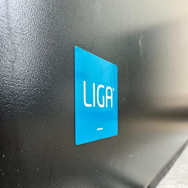 Nærbilde av svart garasjeport med blått merke hvor det står "LIGA".